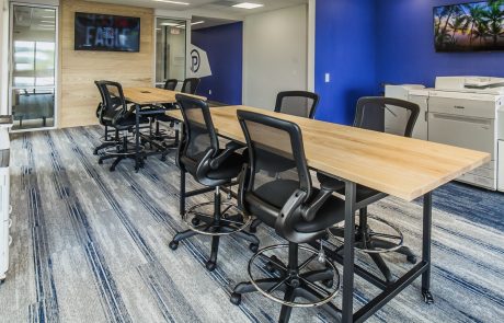 Long bar height office tables with wood tops