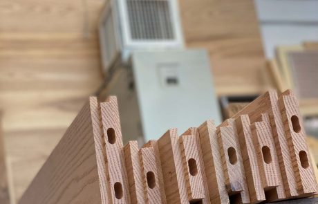 Detail of biscuit joinery in wood slats