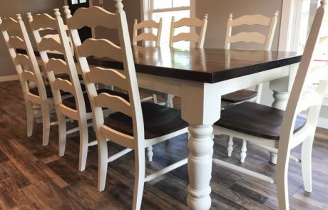 Traditional white dining table with a custom wood top